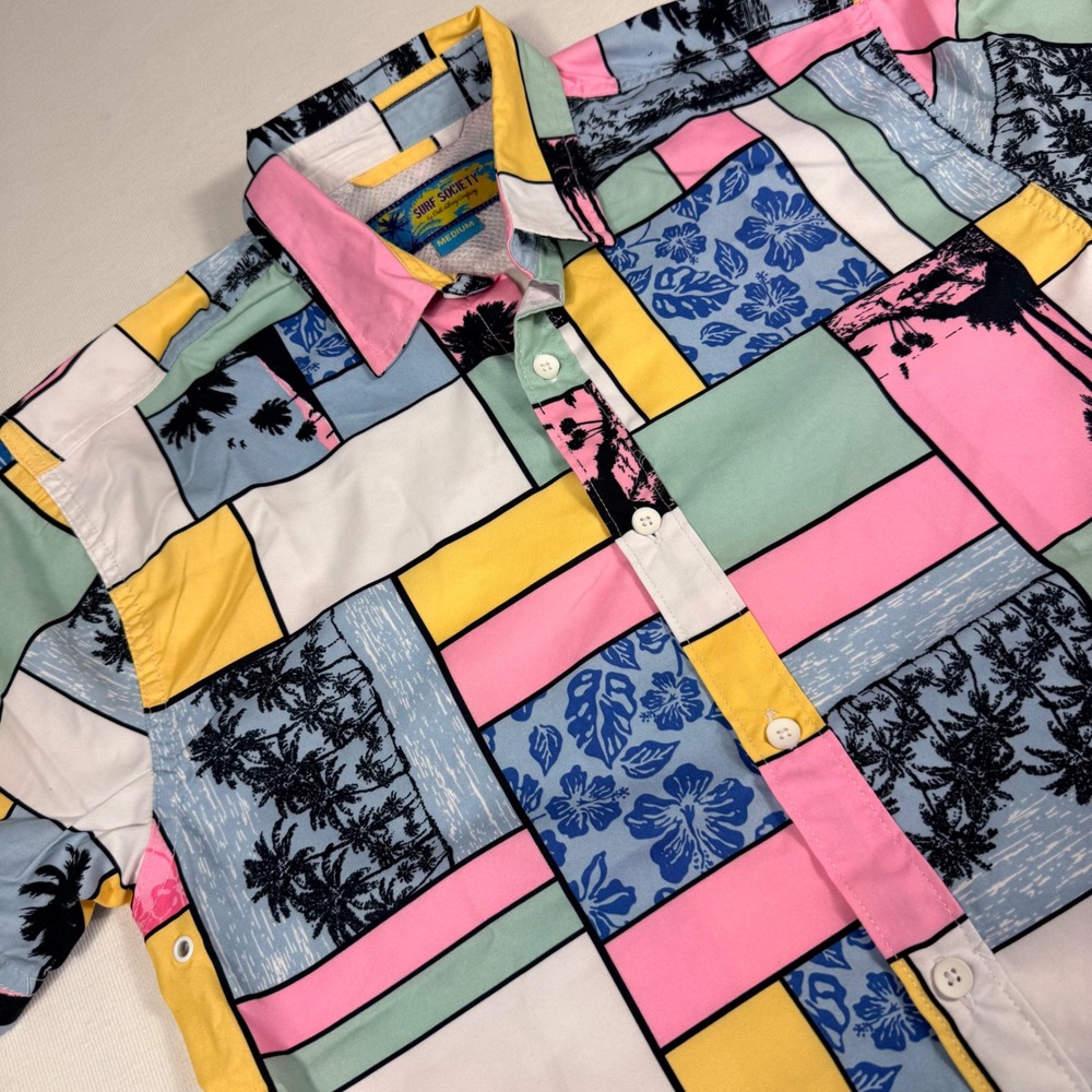 Surf Society Button Up Shirt Medium Multicolor Tropical Patchwork Palm Tree S/S